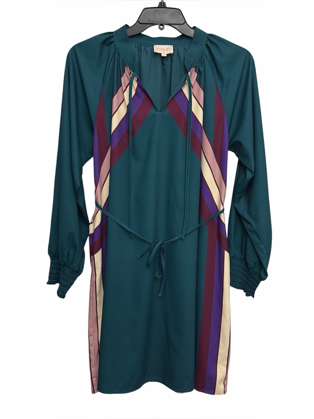 Ciebon Aleina Print Dress Size XL Long Sleeve Belted Teal Stripe